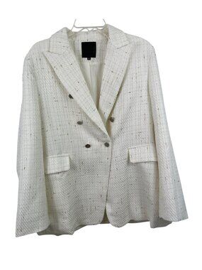 Mina Self Tweed Blazer Jacket Size XXL Ivory Gold Thread Plaid Double Breasted